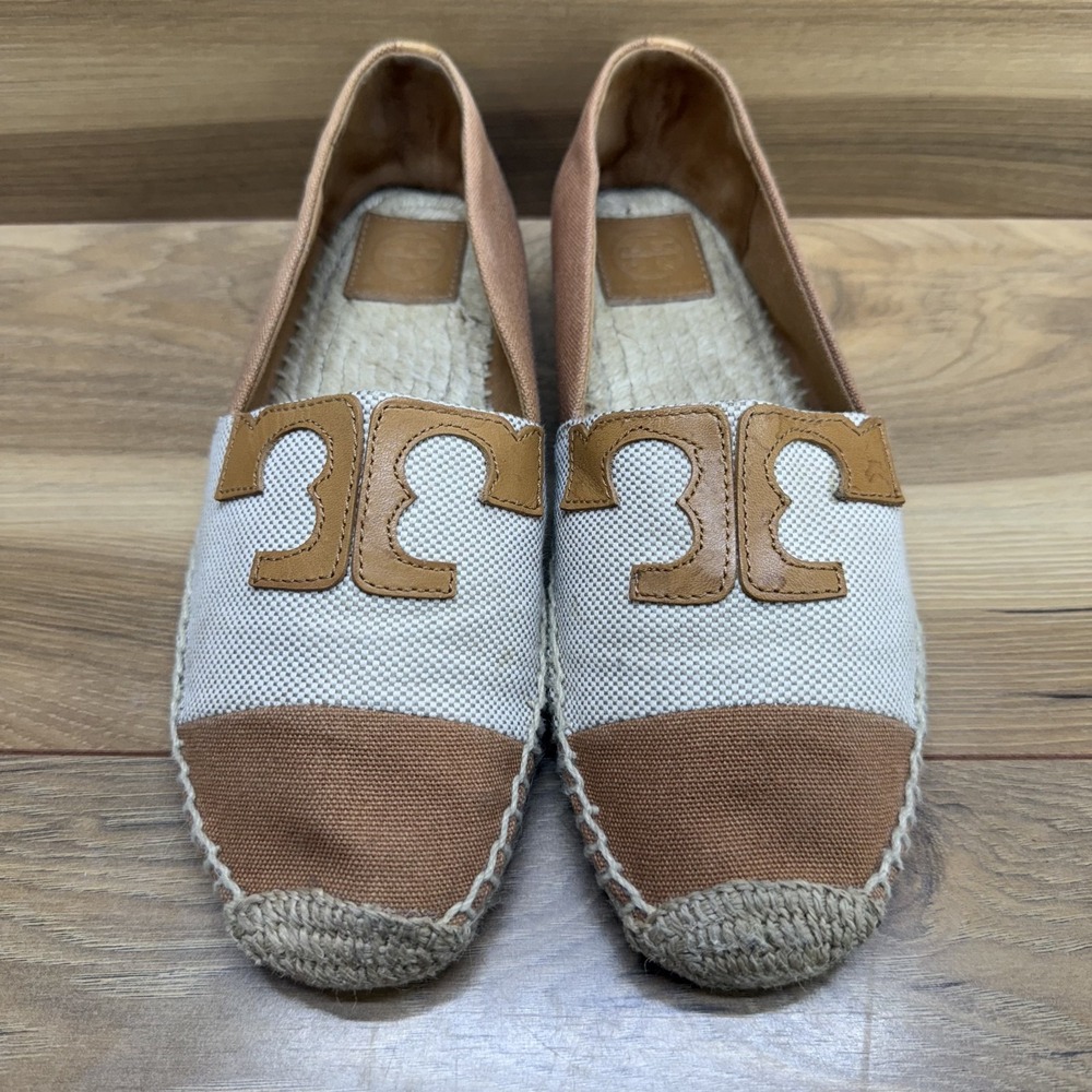 Tory Burch Cream and Tan Canvas Espadrilles with Logo Trim